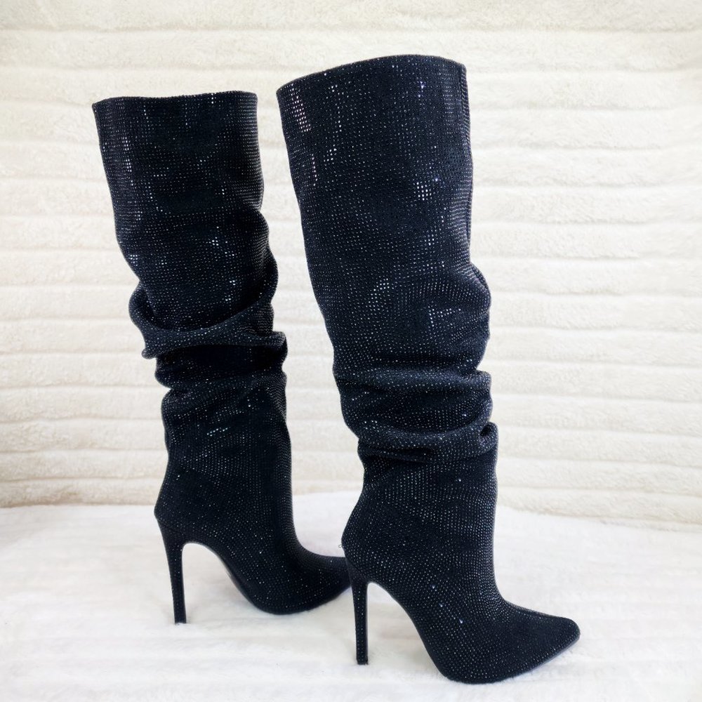 Radiant Black Rhinestone High Heel Slouch Knee High Boots